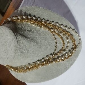 Vintage multi chain golden and pearl necklace
